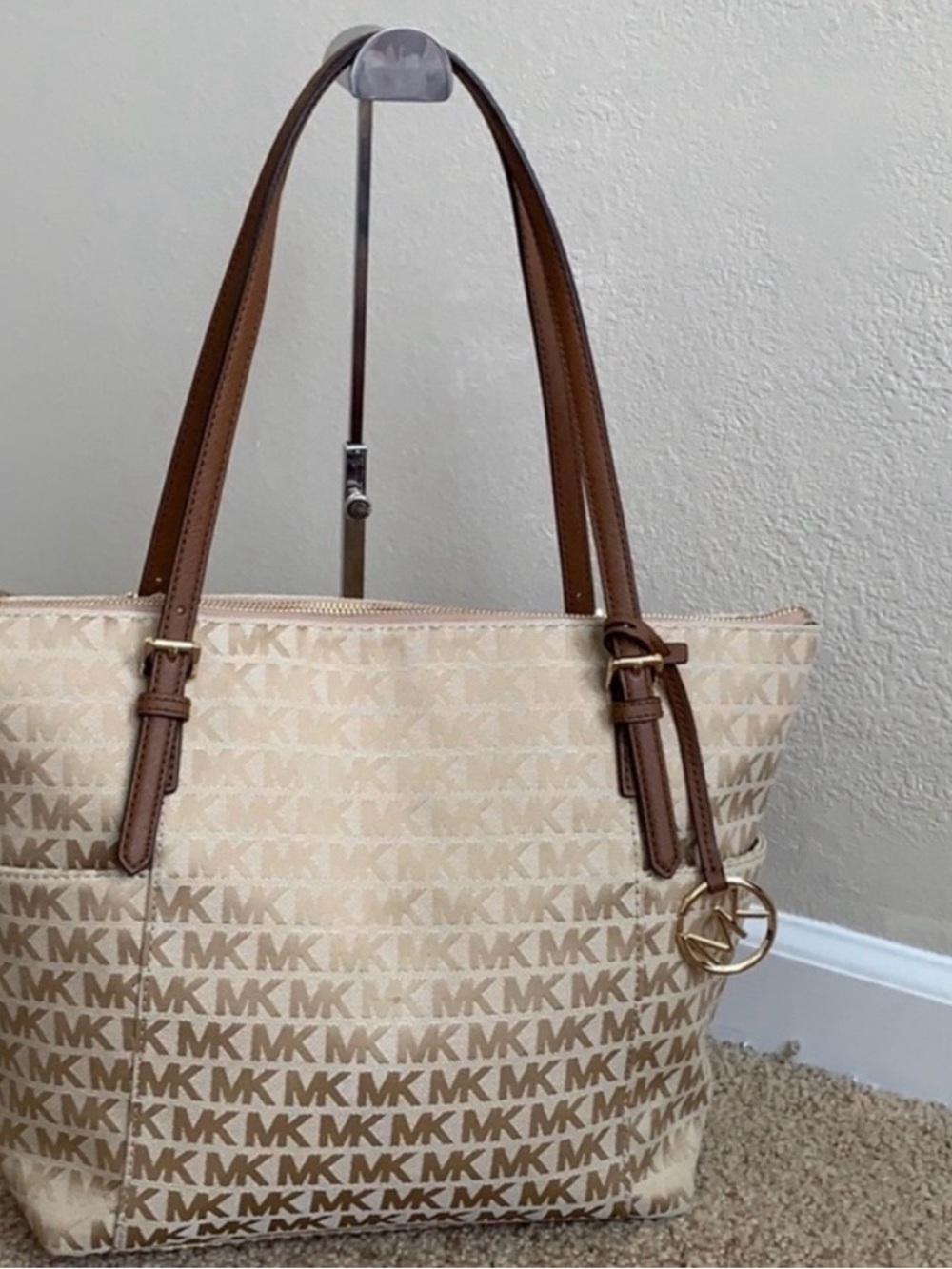Michael Kors Beige Logo Tote with Brown Straps and Gold Accent